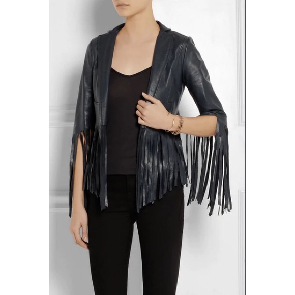 Kate Moss for Topshop Deep Charcoal Navy Fringed Leather Jacket - Picture 4 of 16